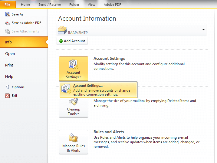 MS Outlook Account Settings